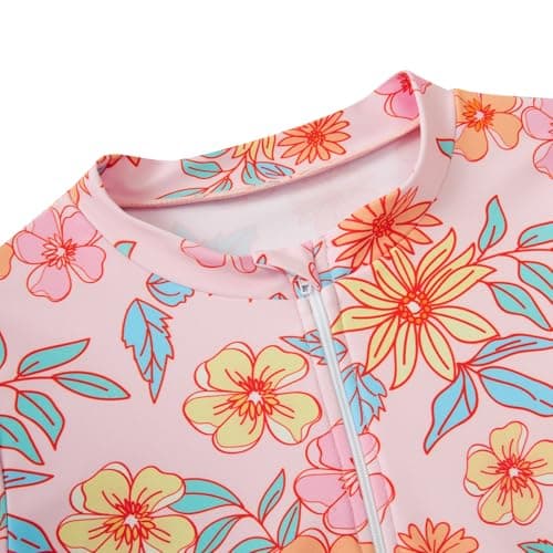 Size 8-10 Girls Pink Flower Hawaiian Bathing Suits for Kids 3D Floral Print Long Sleeve Swimsuits with Zipper 9 Year Little Child Ruffle Skirts with Shorts Blue Bottoms Quick Dry Swimming Set - Thumbnail 4