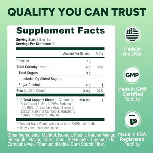 GLP-1 Support Gummies – Sugar-Free Appetite & Craving Control Supplement with Berberine, Cinnamon, Turmeric, Garcinia & Raspberry Ketones – Digestion, Weight Loss, Carb Blocker, Vegan, Keto - Thumbnail 5
