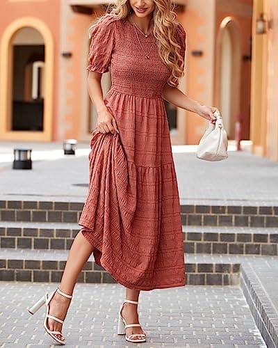dowerme Womens Summer Dresses 2025 Casual Puff Short Sleeve Crewneck Smocked Flowy Ruffle Boho Beach Party Maxi Sundress(Bean Paste Pink,X-Large) - Thumbnail 4