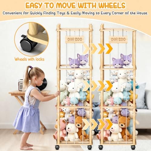 Stuffed Animal Storage Organizer, Wooden Plushies Toy Zoo Holder with Wheels, Large Capacity Storage Tower for Toys, Mobile Toy Holder Cage for Kids Playroom, Nursery, Toddler Room, 3 Tier, Natural - Thumbnail 5