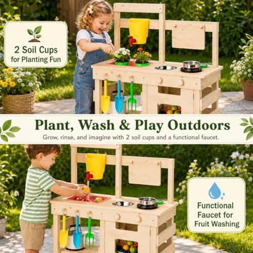 Outdoor Play Kitchen for Kids, Mud Kitchen with Water Faucet, Dual-Sided Chalkboard, Storage Shelves, Cups, Removable Sink, and Pretend Stove – Backyard Toddler Playset for Boys and Girls - Thumbnail 3
