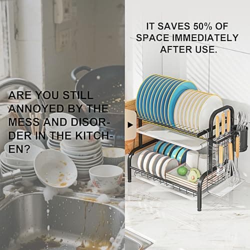 LEGUANG Dish Drying Rack, 2-Tier Stainless Steel Dish Rack for Kitchen Counter or Over Sink, Space Saving Organizer with Removable Drainboard,Home and Appartment Decor, Black - Thumbnail 2