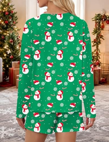 JUSTFASHIONNOW Christmas Pajamas Women Lounge Set 2 Piece Outfits Loungewear Sweatsuit Long Sleeve Snowman Print Pajamas Split Short Sets Soft Casual Crew Neck Sleepwear Pjs (Green, Medium) - Thumbnail 5