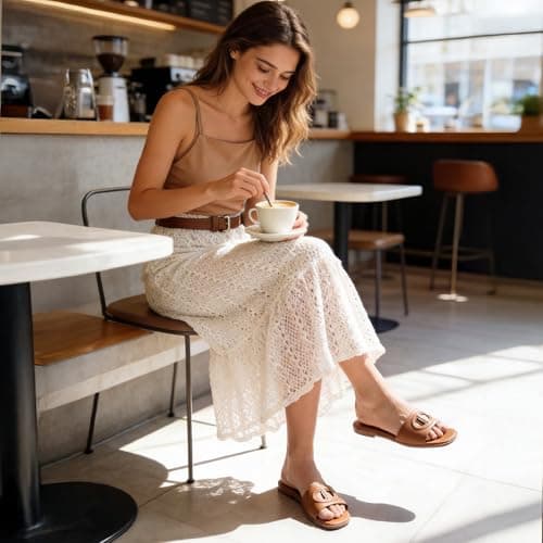 Athlefit Brown Flat Sandals Women Square Open Toe Comfortable Slip On Summer Beach Slide Sandals Size 10 - Thumbnail 2