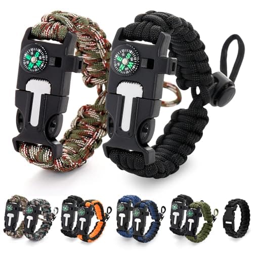 Paracord Bracelets for Men and Women – Adjustable Survival Paracord Bracelet with 11.8 ft Nylon Cord, Flint Fire Starter, Compass, Whistle & Scraper – Camping, Hiking, Fishing Gear (Black & Camo) - Image 1