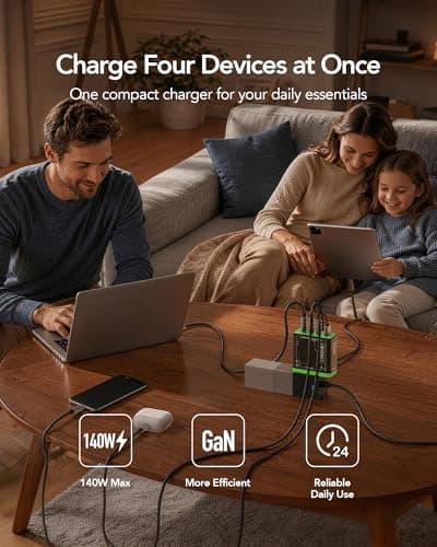 Mfish E-Rhino 140W USB-C Charger, True PD 3.1 GaN Fast Charger, 4-Port (3 USB-C + 1 USB-A) Foldable Plug Power Adapter for MacBook Pro 16”, iPhone 17/16, iPad, Galaxy, Tablet, Laptop Black - Thumbnail 2