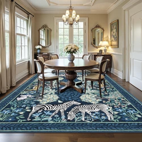GarveeHome Zebra Teal Washable Rugs 9x12 for Living Room Vintage Jungle Woodland Forest Safari Animal Print Rug Low Pile Botanical Kids Rugs for Playroom Kitchen Nursery Room - Thumbnail 4
