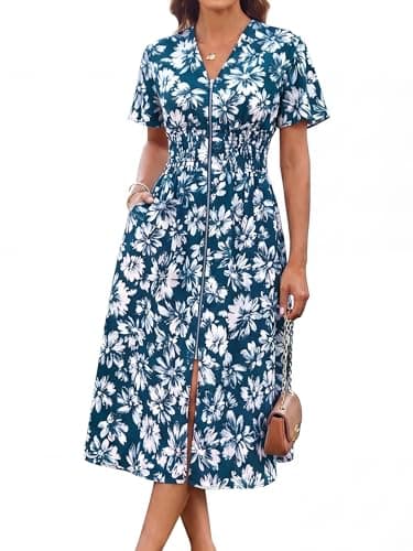 GRACE KARIN Womens Summer Maxi Floral Dress Casual 2026 Long Zipper Dresses Boho Flowy Beach Vacation Sundress with Pockets Blue Floral S - Image 1