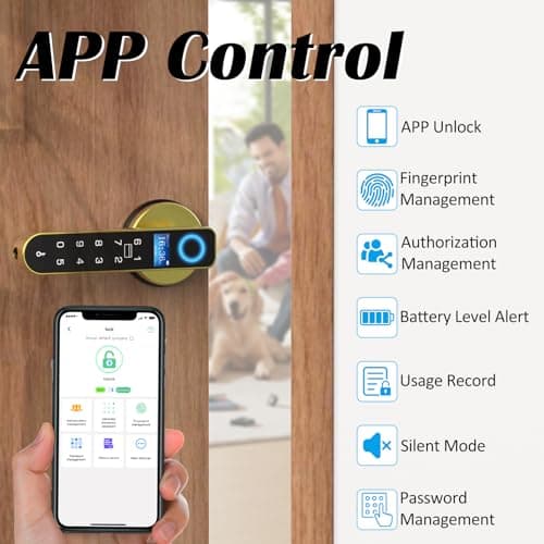 Fingerprint Keyless Entry Bedroom Door Lock with Code RFID Card NFC APP Keypad, Smart Biometric Automatic Interior Door Handle with Lock for Indoor Hotel Pantry Apartment Office Home, Gold - Thumbnail 6