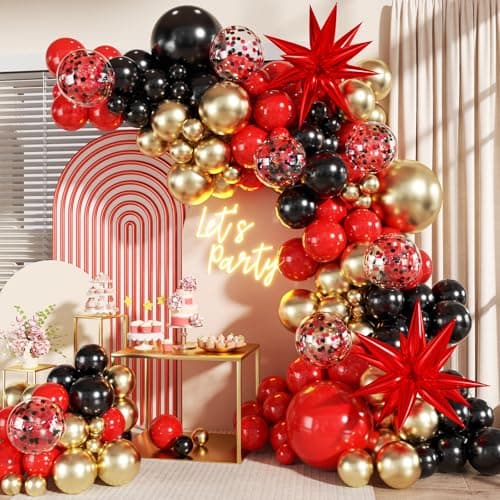 Red and Black Gold Balloon Garland Arch Kit, 140Pcs Red Black Metallic Gold Confetti Balloons With Stars for Birthday Wedding Birdal Shower Anniversary Graduation Casino Party Decorations - Image 1