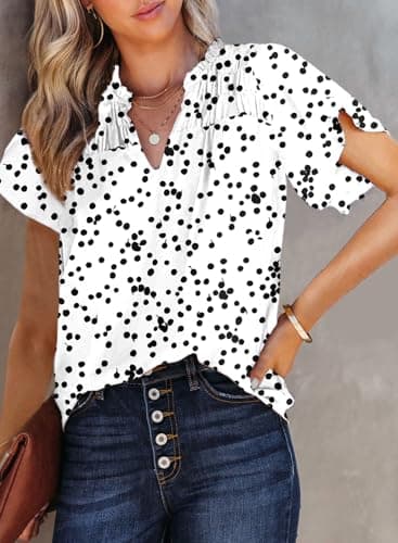 Dokotoo Womens Casual Alicia Flowy Print V Neck Smocked Short Sleeve Chiffon Blouses Tshirts Tops for Women 2026 Summer Trendy Work Business Boho Top Small White - Thumbnail 2