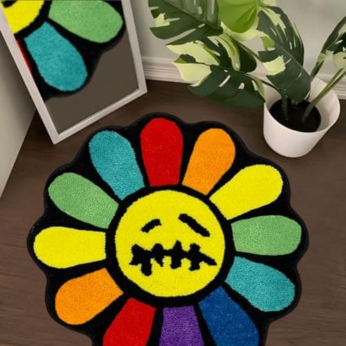 Shovagy Trippy Happy Face Rug Cool Rugs Tufted Quick Dry Bath Mats for Bathroom Non Slip Bath Mat Water Absorbent 3.3FT Rainbow Bathroom Rugs Halloween Gothic Ghost Skull Horror Decor Carpet