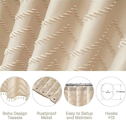 Siiluminisoy Extra Long Farmhouse Boho Chevron Shower Curtain, Woven Fabric 96 in Beige Shower Curtain, 72 x 96, Tufted Striped, Modern Chic Textured Shower Curtain Set Minimalist Bathroom Decor - Thumbnail 6