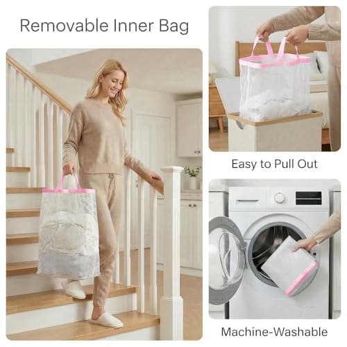 efluky Slim Laundry Basket with Lid, Narrow Laundry Hamper with Removable Bag, Skinny Dirty Clothes Basket with Bamboo Handles for Bathroom, Bedroom & Laundry Room, 75L Pink - Thumbnail 4