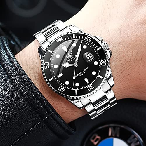 OLEVS Silver Watch for Men with Luminous Day Easy to Read Rotatable Bezel Dial, Stainless Steel Waterproof Analog Quartz Classic Mens Watches Gift para Mujer - Thumbnail 2