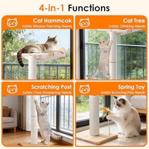 Cat Window Perch with Scratching Post, Keaber 44" Tall Adjustable Sisal Cat Tree for Large Cats Up to 33lbs, Suction Cup Wooden Hammock for Climbing, Bird Watching, Sleeping (Beige, Washable Cushion) - Thumbnail 2