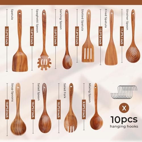 Wooden Spoons for Cooking, 10 PCS Teak Wood Cookware Utensil Set with Hooks - Smooth Finish, Non-Stick, Comfortable Grip, Heat Resistant Kitchen Utensils Gift Box - Thumbnail 3