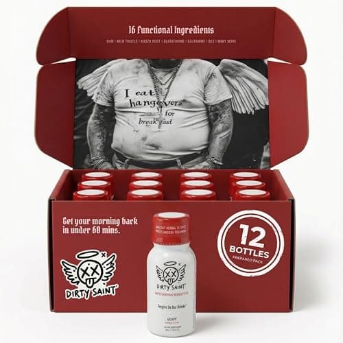 DIRTY SAINT Functional Wellness Shot, 16 Ingredients, Hovenia Dulcis, Glutathione, NAC, Milk Thistle, B Vitamins, Electrolytes, Zero Sugar, Zero Caffeine, Natural Grape, 2 oz, 12 Pack