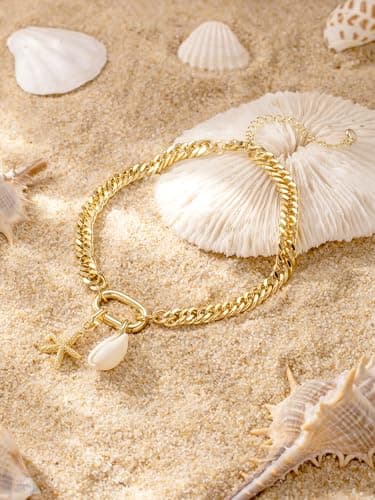 CTEEGN Anklets for Women Waterproof, 14K Gold Plated Anklet, Gold Ankle Bracelet for Women with Removable Starfish Shell Charms, Cuban Link Anklet for Big Ankles, Non Tarnish Summer Beach Jewelry - Thumbnail 6