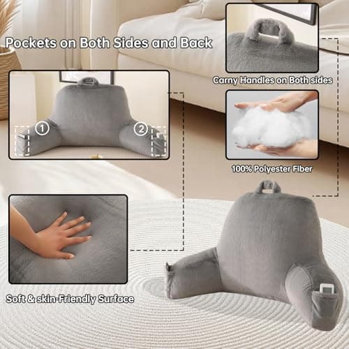 PAJEO Back Pillow for Bed Sitting Up,Large Backrest Reading Pillow with Arm Rest,Back Rest Support Cushion for Sitting Up on Couch,Sofa,Floor,Dorm Essentials (Grey Faux Fur,Standard(17")) - Thumbnail 5