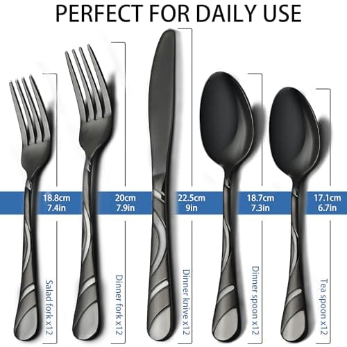 Black Silverware Set for 12, 18/0 Stainless Steel Frosted & Mirror Finish 60-Piece Flatware Set, Modern Cutlery Set for Wedding Restaurant Housewarming Party Event Serving For 12 - Thumbnail 6
