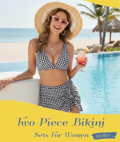 High Waisted Bikini Sets for Women Gingham Push Up Two Piece Swim Skirt Set Tummy Control Bathing Suit 2026 Swimsuit Curvy V Neck Ruffle Full Coverage Tops and Bottoms Matching Set Plaid Black Small - Thumbnail 2