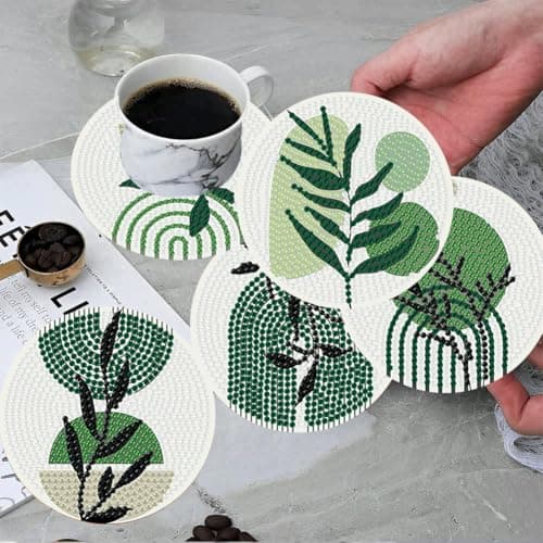 ijbnhd 8 Pcs Leaf Diamond Art Coasters Kit, Leaf Diamond Painting Coasters with Holder, Arts and Crafts Supplies Astral 4X4inch (Cork Wooden Pad) - Thumbnail 5
