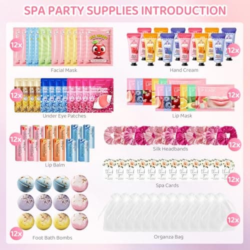 108 PCS Spa Party Supplies for Girls & Women, Spa Party Favors Include Face Masks Skincare, Hand Cream, Lip Balm, Under Eye Patches, Lip Mask and Foot Bath Bombs, Spa Birthday Sleepover Party Supplies - Thumbnail 2