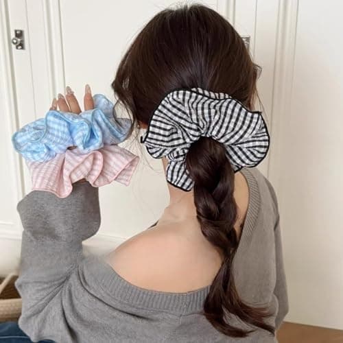Jseng 3PCS Large Gingham Scrunchies for Hair, Sweet Hair Ties, Beige and Black - Thumbnail 4