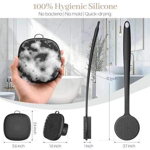 Back Scrubber for Shower & Face Scrubber, 2Pcs Silicone Exfoliating Brush Set with 17In Long Handle, Soft Body & Facial Cleansing Scrubber for Men Women - Thumbnail 6