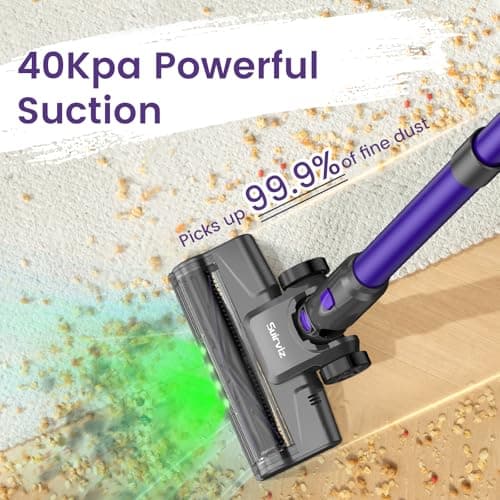 Suirviz Cordless Vacuum Cleaner, 40KPA/500W/35Mins, Powerful Suction with Green LED Dust Detection, Stick Vacuum Self-Standing, Lightweight Handheld Vacuum for Pet Hair, Carpet & Hard Floor, Purple - Thumbnail 2
