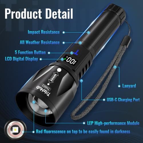 TrixHub Rechargeable LED Flashlights High Lumens 2Pack, Super Bright Zoomable Handheld Flash Light with LCD Digital Display, Powerful Emergency Linternas, Waterproof, Long Lasting, for Hiking Camping - Thumbnail 6