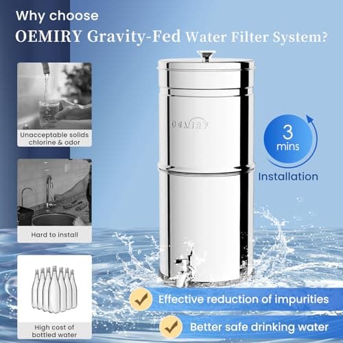 OEMIRY Gravity Water Filter System, 2.25G Stainless Steel Countertop System Water Purifier with Stand, Reduce 99% Chlorine for Home Camping Backpacking RVing, 2 Carbon and 2 Fluoride Filters - Thumbnail 2