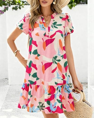 dowerme Womens Summer Dresses 2026 Puffy Sleeve V Neck Loose Floral Print A Line Boho Mini Babydoll Dress with Pockets(Apricot Rose Red Flower,XX-Large) - Thumbnail 2