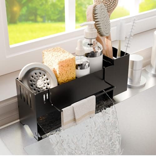 Azevix Kitchen Sink Caddy Organizer, Sponge Holder for Kitchen Sink with Upgraded Extra-Wide Drain Board, Efficient Drainage, Stainless Steel with Rust-Resistant Coating - Image 1