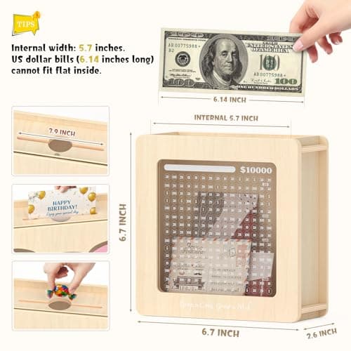 Summidate Wooden Money Saving Box: $10000 Challenge Cash Vault Piggy Bank - Thumbnail 3