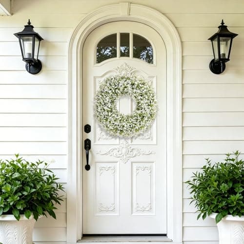 U'Artlines 20 Inch Boxwood Wreaths for Front Door, Spring Summer Wreath with White Flowers, Large Faux Greenery Wreath for Wall Window Porch All Seasons Outdoor Decor - Thumbnail 2