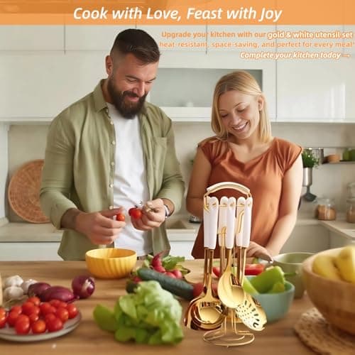 Novellus Stainless Steel Gold Kitchen Utensils Set with Holder, 7pcs White - Thumbnail 2