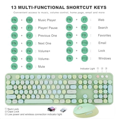 Wireless Keyboard and Mouse Combo, Ergonomic Full Size Typewriter Retro Round Keycaps Keyboard, Compatible with Windows, PC, Perfer for Home and Office Keyboards (Green - Thumbnail 4