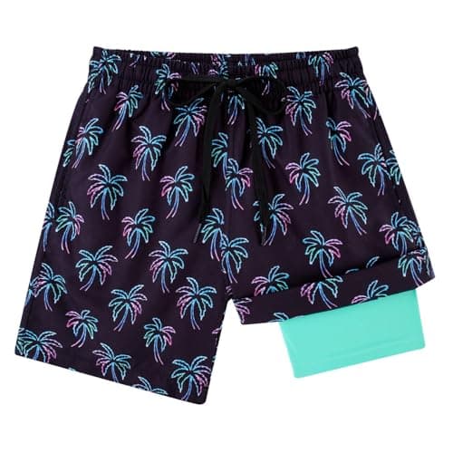 Cozople Teen Boys Neon Flamingo Swim Trunks Novelty Stretchy Boxer Brief Liner Swim Shorts Quick Dry Lightweight Bathing Suit for Teens Beach Board Shorts - Image 1