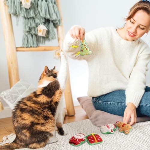 Retro Shaw Christmas Cat Toys, Xmas Catnip Toys for Indoor Cats Kitten Teeth Cleaning, Crinkly Interactive Cat Chew Nip Kitty Kicker Toy Santa Claus Trees Snowman, 5 Pack - Thumbnail 6