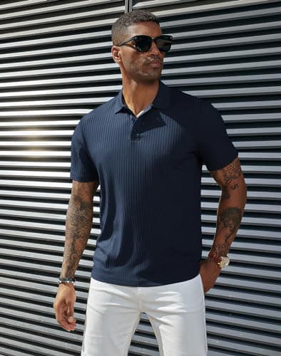 PJ PAUL JONES Mens Short Sleeve Dark Blue Polo Shirts Knit Golf Pullover Polo Neck Casual T Shirts Dark Blue XL - Thumbnail 3