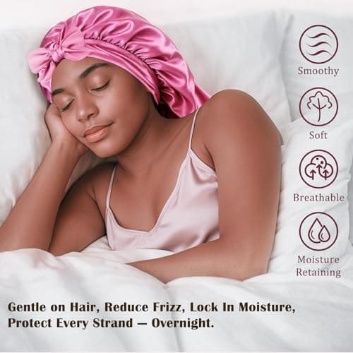 Women's Silky Bonnet - Long Tie Sleep Cap, Curly/Natural Hair, Adj. Night Hat, +10 Scrunchies, Mom/Wife - Thumbnail 6