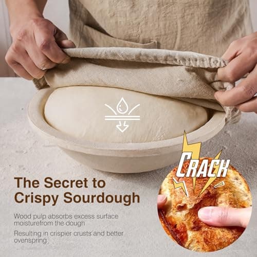 BAVIFY Sourdough Starter Kit, Banneton Bread Proofing Baskets Set, Sourdough Bread Baking Supplies Making Tools with Dough Scraper, Whisk, Bread Lame, Recipe, Wood Pulp Banneton - 2 Round Gift Set - Thumbnail 4