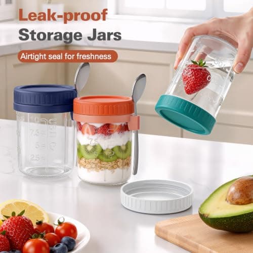 Cozyverge 4 Pack Overnight Oats Containers with Lids and Spoons, 16 oz Airtight Oatmeal Container with Measurement Marks, Overnight Oats Jars for Cereal Fruit Vegetable Milk Salad Yogurt Meal Prep - Thumbnail 2