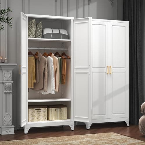 Kubohogar Metal Armoire Wardrobe Closet with 2 Doors, 71" Tall Wardrobe Closet with Doors, Hanging Rod, Drawers and Adjustable Shelves, White Clothing Storage Cabinets for Bedroom, Home Office - Thumbnail 2