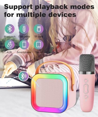 Mini Karaoke Machine Speaker for Kids Adults,Portable Bluetooth with 1-2 Wireless Microphones,Christmas Birthday Gifts Toys Girls Boys Ages 4, 5, 6,7, 8,9,10,11,12+ Years Old Toddler (Pink - 1 Mic) - Thumbnail 4