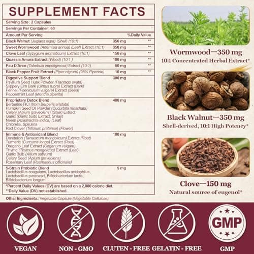 120CT 30-in-1 Liposomal Wormwood Black Walnut Clove Cleanse for Humans Capsules – Gut Cleanse & Digestive Support with Clove, Pumpkin Seed Oil, Garlic, Quassia Amara | 10X Concentrated | Vegan 1815mg - Thumbnail 2