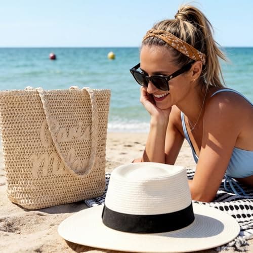 fauson Straw Beach Bags for Women - Large Straw Bag Woven Beach Tote, Summer Handmade Shoulder Handbag - Thumbnail 2