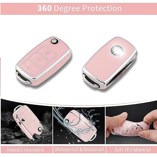 Pangpai Pink Key Fob Cover for VW Volkswagen,Soft TPU Key Case Protection with Bling Keychain Fit for Jetta Golf Polo MK6 Passat Tiguan Beetle - Thumbnail 3